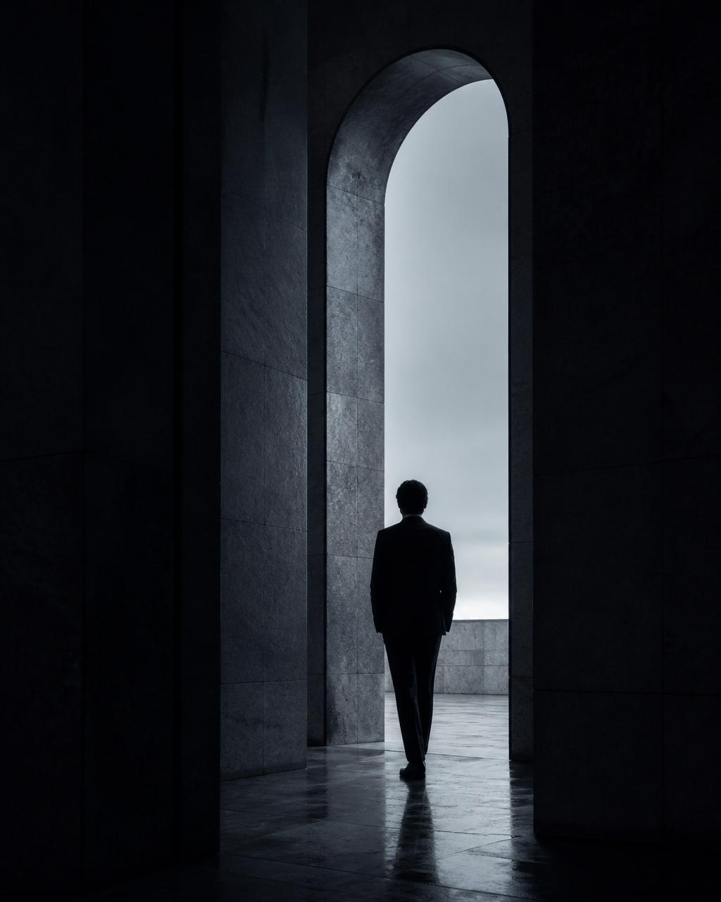 A figure at the threshold of a monumental stone archway, backlit by cool light